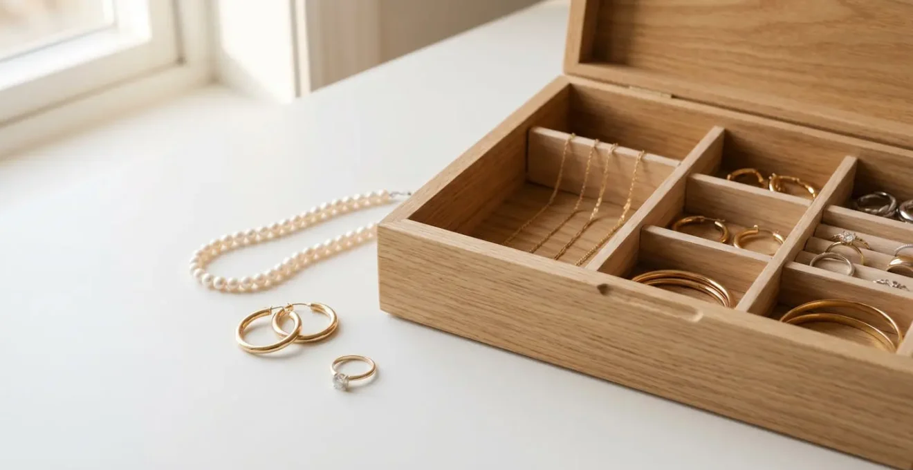 Boîte à bijoux en bois clair ouverte révélant des compartiments organisés avec colliers, boucles d'oreilles créoles, bracelets et bagues, sur fond blanc minimaliste