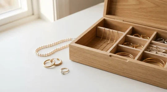 Boîte à bijoux en bois clair ouverte révélant des compartiments organisés avec colliers, boucles d'oreilles créoles, bracelets et bagues, sur fond blanc minimaliste