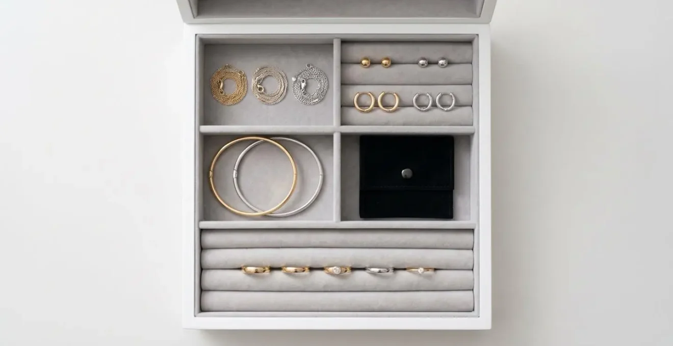 Vue du dessus d'une boîte à bijoux ouverte avec compartiments organisés contenant colliers, boucles d'oreilles, bracelets et bagues sur velours gris