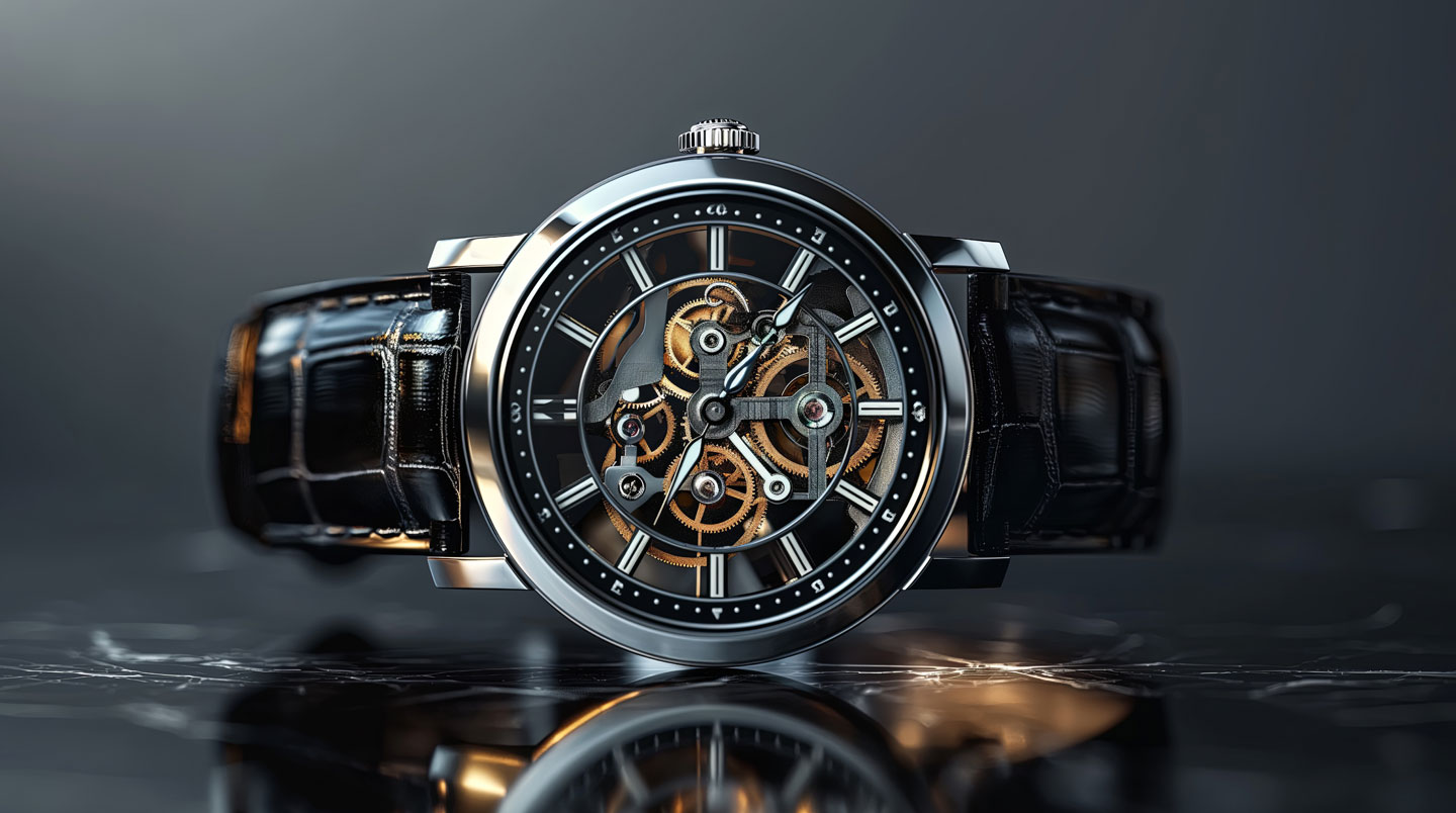 Gros plan macro d'un mouvement squelette révélant complications horlogères, rouages calendrier et chronographe, finitions Côtes de Genève et spiral doré