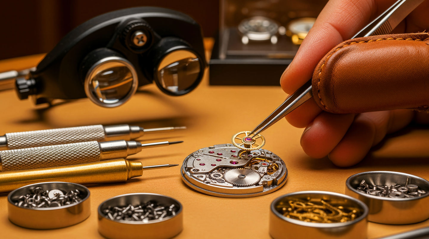 Établi d'atelier horloger français présentant matériaux innovants (silicium translucide, céramique noire, carbone) aux côtés d'outils de finition artisanale traditionnels